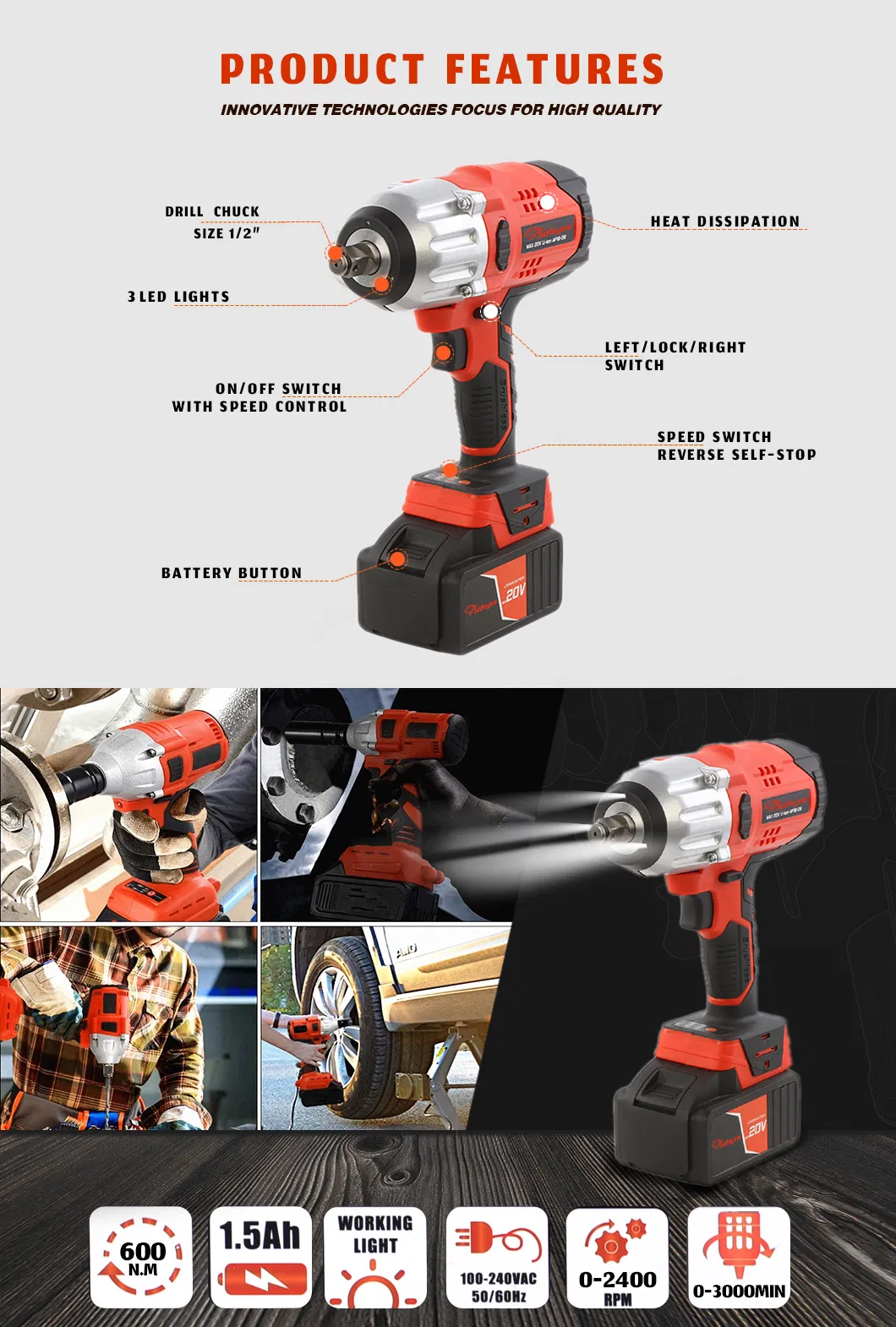 20V Electric Cordless Hardware Torque Wrench Impact Drills Power Tools
