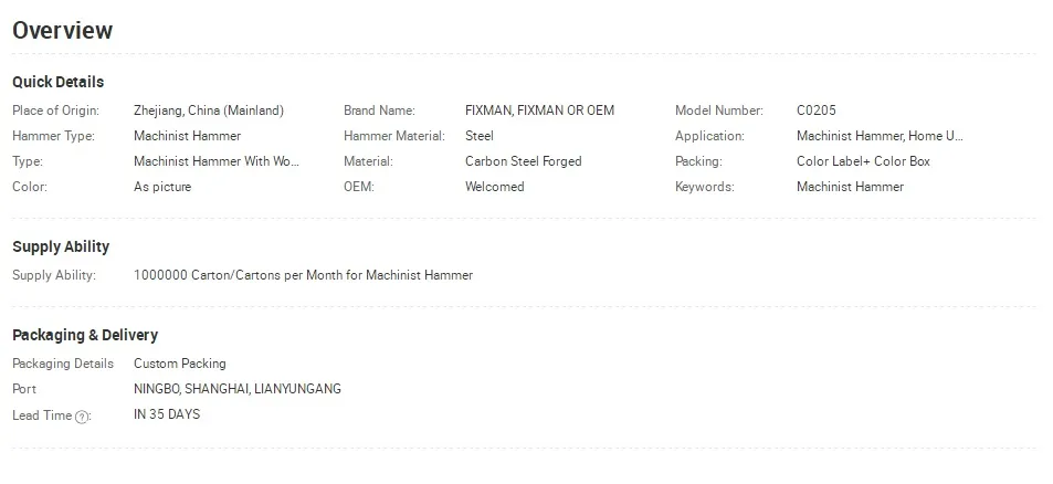 Fixman Machinist′s Hammer Forged Tool, Machinist Hammer with Wooden Handle
