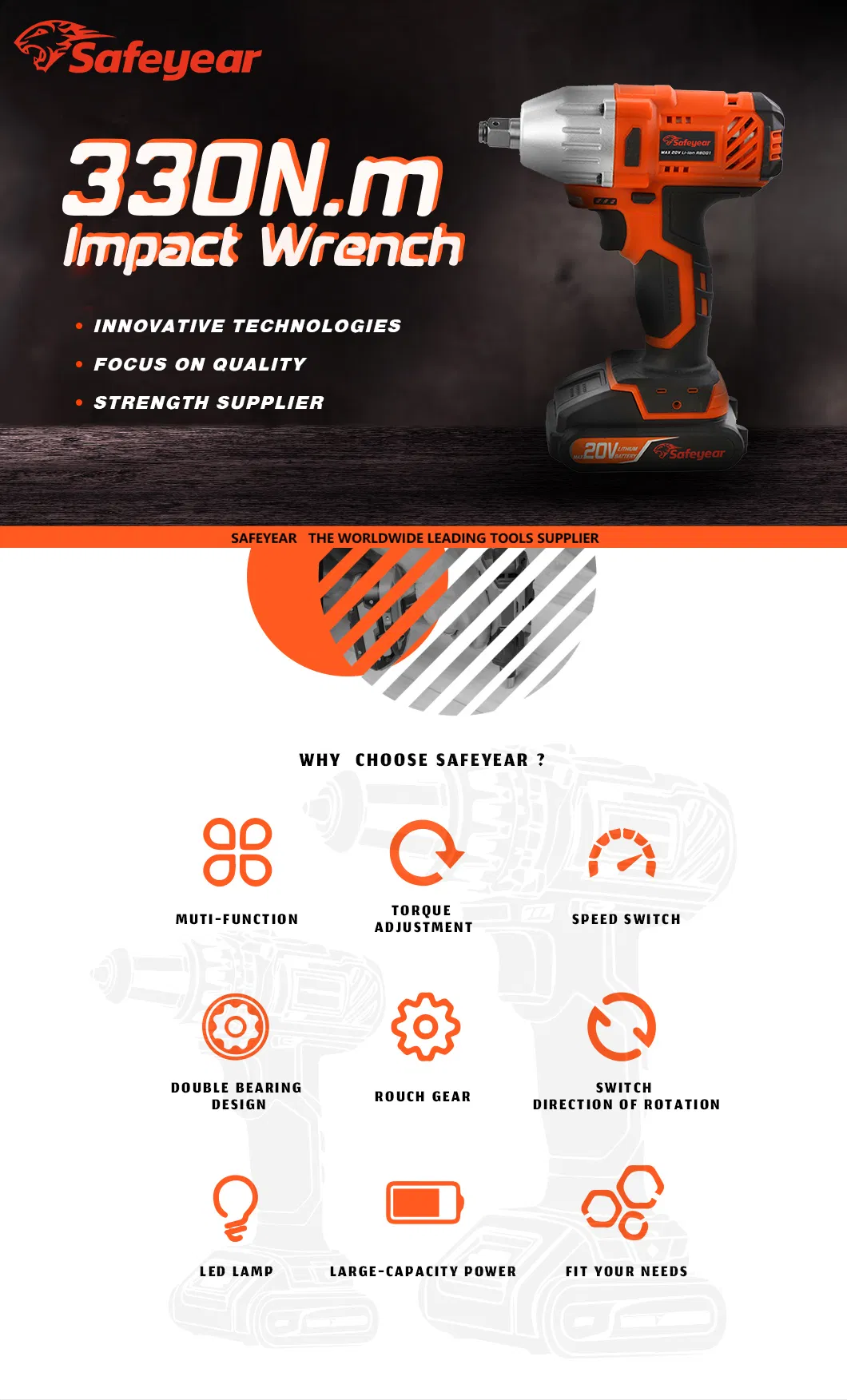 High Quality 20V 330nm Hardware Cordless Impact Wrench Power Tools