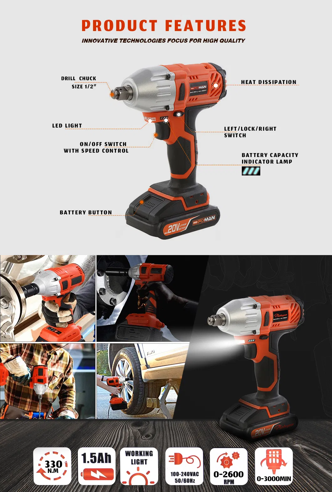 High Quality 20V 330nm Hardware Cordless Impact Wrench Power Tools