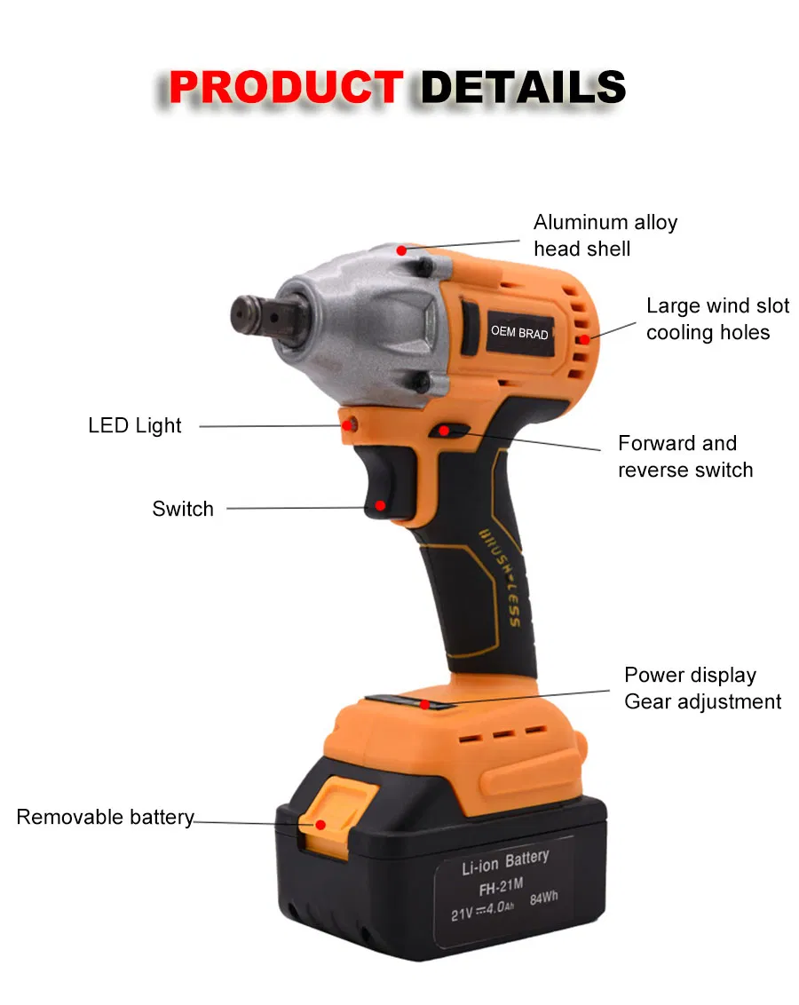 Lisheng 20V Good Quality Lithium-Ion Battery Brushless Cordless Impact Electric Wrench